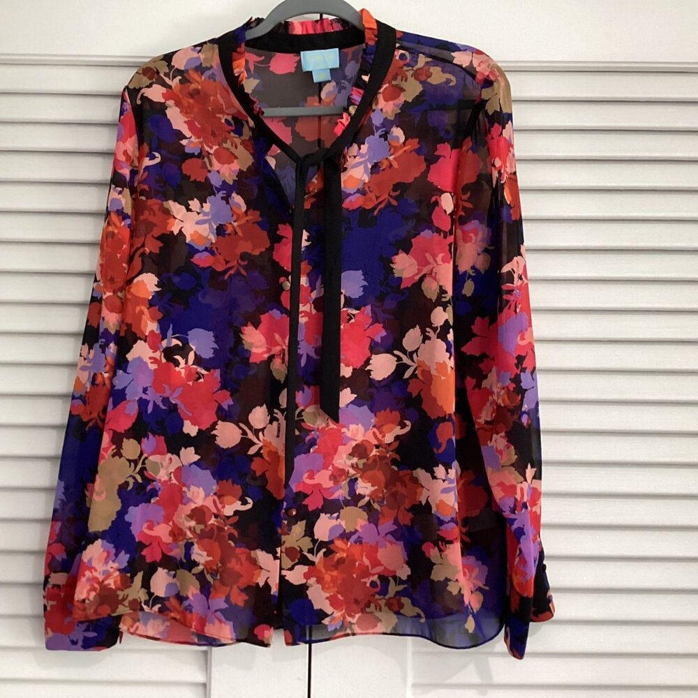 CeCe By Cynthia Steffe Floral Top Blouse Size L Multicolor With Tie Neck